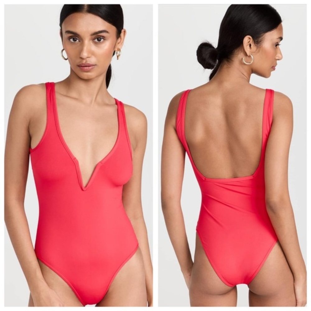 L*Space Deep V One-Piece Swimsuit in Coral Red